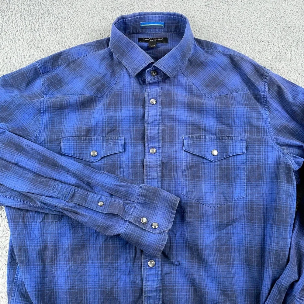 Banana Republic Shirt Mens Large Blue Pearl Snap Plaid Slim Fit Western